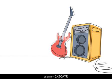 Chitarra elettrica a linea singola continua con amplificatore. Musica rock di sottofondo illuminata con microfono, chitarra elettrica e altoparlanti. O Illustrazione Vettoriale