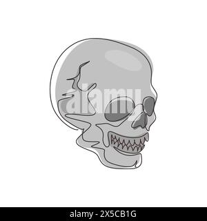 Teschi grafici di disegno su una sola linea isolati su sfondo bianco. L'anatomia affronta elementi vettoriali horror di halloween. Cranio umano inciso con chiuso Illustrazione Vettoriale