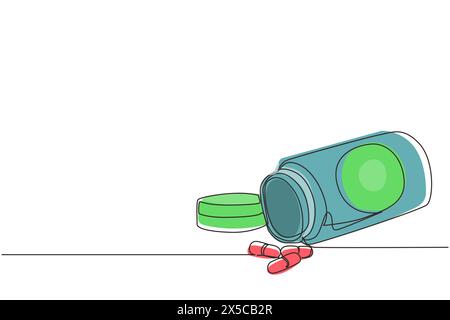 Flacone di pillole in plastica a una linea continua con vista isometrica. Pillole compresse farmacia cura medica e pillole compresse antibiotico farmaceuti Illustrazione Vettoriale