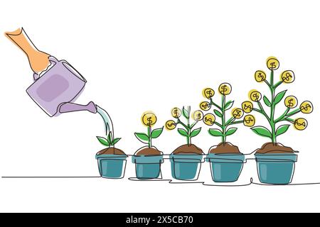 Una linea continua che disegna a mano con una pianta di acqua in vaso. Step of Coins pile, risparmio di denaro e concetto di investimento o pianificazione familiare. S Illustrazione Vettoriale