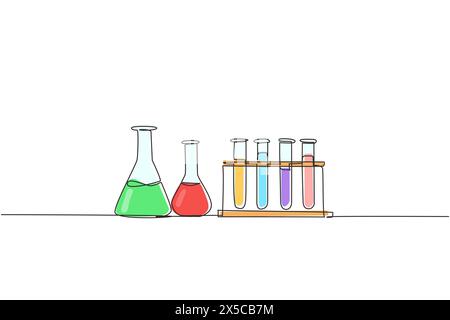 Apparecchiatura da laboratorio per ricerca chimica con disegno a una sola linea. Vetreria da laboratorio chimica. Provetta da laboratorio graduata, becher, matraccio. Moderno continentale Illustrazione Vettoriale
