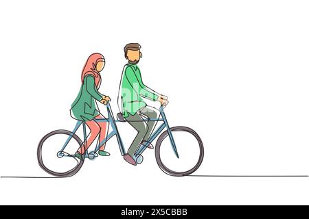 Una linea continua che disegna una romantica coppia araba. La coppia sta andando in bicicletta in tandem insieme. Famiglia felice. L'intimità celebra l'anniversario del matrimonio. S Illustrazione Vettoriale