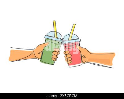 Una sola linea disegnando due mani tenendo in mano una tazza di plastica il tè bollente è tostato e si stringe. Tè al latte con bolle di perle di tapioca al gusto di zucchero di canna e bicchiere Illustrazione Vettoriale