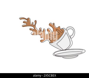 Linea singola continua che estrae il caffè dalla tazza. Tazza di tè con tè e schizzi. Spruzza di tè nella tazza che cade. Spruzzare il caffè in bianco Illustrazione Vettoriale