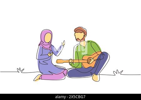 Una sola linea continua che disegna una coppia araba di amanti ha un picnic sulla natura. Uomo romantico che suona musica alla chitarra, ragazza ascolta e canta insieme. Illustrazione Vettoriale