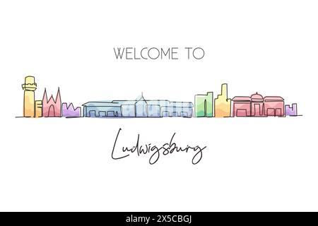 Linea singola continua che disegna lo skyline della città di Ludwigsburg, Germania. Il paesaggio storico della città. Cartolina delle migliori destinazioni di vacanza. Traccia modificabile Illustrazione Vettoriale