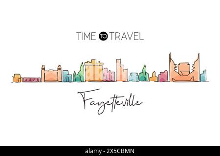 Linea continua che disegna lo skyline di Fayetteville, Arkansas. Il paesaggio storico della città. Stampa di cartoline della migliore destinazione di vacanza. st. Modificabile Illustrazione Vettoriale