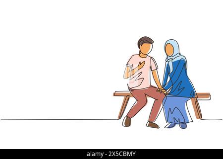 Una linea singola che disegna una romantica coppia araba che parla mentre si siede sulla panchina. Coppia che si prepara per il matrimonio. Fidanzamento e relazione d'amore. Contin Illustrazione Vettoriale