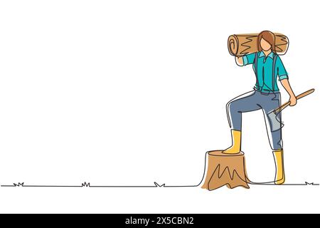Linea singola continua che disegna legname o taglialegna che tiene legname e ascia. Produzione di materiali in legno, in piedi con ascia, in posa con una Illustrazione Vettoriale