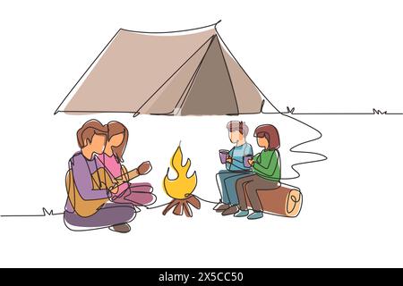 Una linea continua attira le famiglie turistiche che campeggiano con fuoco da campeggio e bevono tè caldo. Bambini seduti sui tronchi. Papà che suona la chitarra e siediti a terra con lui Illustrazione Vettoriale
