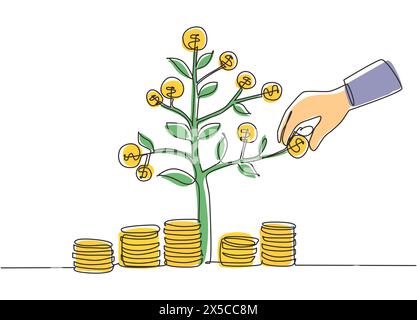 Un uomo d'affari che disegna una sola linea continua prende la moneta dall'albero del denaro in crescita. Concetto di background per un ritorno economico e un investimento. Un l Illustrazione Vettoriale