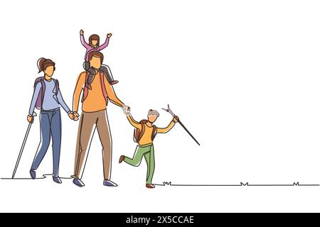 Una linea continua che disegna una famiglia felice sta facendo escursioni nella foresta. Padre, madre e bambini camminano e campeggiano con zaino in mezzo alla natura. Dinamico o Illustrazione Vettoriale