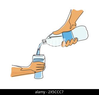 Il disegno continuo di una linea umano sta raccogliendo un bicchiere d'acqua dalla bottiglia di plastica. Bevanda minerale naturale fresca. Vetro e bottiglia in mano. Cantate Illustrazione Vettoriale