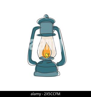 Lanterna da campeggio vintage a linea continua su sfondo bianco. Lampada a gas retrò con stoppino incandescente. Maneggiare lampade a gas per escursioni turistiche Illustrazione Vettoriale