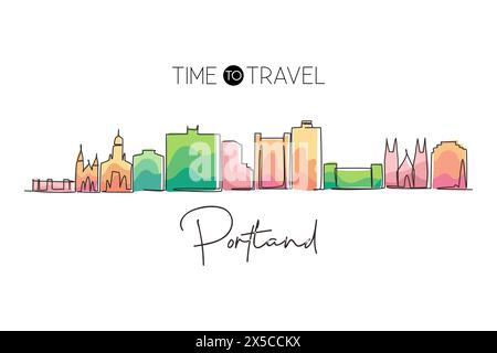 Linea continua che disegna lo skyline di Portland, Maine. Il paesaggio storico della città nel mondo. La migliore destinazione per le vacanze con decorazioni a parete. Tratto tre modificabile Illustrazione Vettoriale