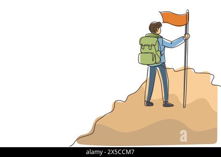 Linea singola continua che disegna allegro uomo scalatore in piedi sulla cima della montagna con la bandiera. Giovane alpinista sorridente che si arrampica su una roccia. Dinamico o Illustrazione Vettoriale