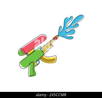 Illustrazione di una pistola ad acqua con disegno a una sola linea. Giocattolo estivo di plastica. Design giocattolo per bambini. Pistola con spruzzi d'acqua. Isolata piatta su sfondo bianco. Illustrazione Vettoriale