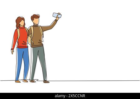 Una coppia di disegni a linea continua in piedi per tutta la lunghezza che cerca di scattare selfie con il dispositivo mobile in mano. Uomo e donna sono fotografati insieme. Illustrazione Vettoriale