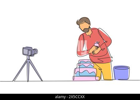 Una sola linea disegna il food blogger che crea contenuti. Uomo arabo che registra video di cucina con la fotocamera sul treppiede. Cuoco che cuoce, decora la torta in cucina Illustrazione Vettoriale