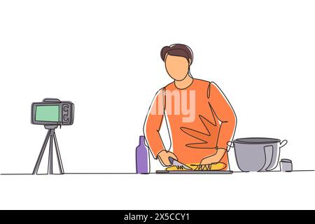 Una sola linea disegna lo chef in uniforme in cucina e taglia la cipolla mentre filma se stesso per il blog. Sul bancone della cucina ci sono verdure, spezie Illustrazione Vettoriale