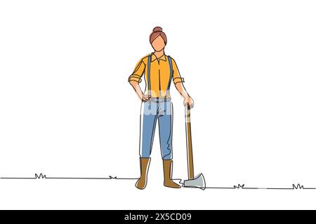 Una linea singola disegna un taglialegna donna con ascia in piedi e indossa camicia con sospensione, jeans e stivali. Troncatrice femmina in posa sulla foresta di legname. Continu Illustrazione Vettoriale