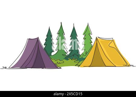 Una linea continua che disegna due tende campeggio escursione turistica nella foresta di pini in montagna. Viaggio, avventura, natura, spedizione e concetto di vacanza. Peccato Illustrazione Vettoriale