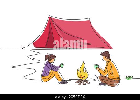 Una linea continua che disegna una coppia di campeggi o escursionisti intorno alle tende da falò. Uomo donna seduta a terra e bevendo tè caldo che si scalda vicino a bonf Illustrazione Vettoriale
