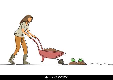 Linea singola continua che disegna giovane ragazza che trasporta carriola con piante e fiori all'aperto. Hobby a casa. Lavori di giardinaggio. Fiorista che si occupa della pianta. Illustrazione Vettoriale