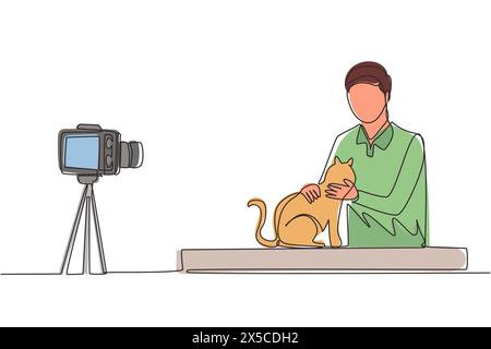 Una sola linea disegna un PET blogger adolescente. Ragazzo adolescente con gatto che registra video sulla fotocamera. Hobby e tempo libero, blogging su animali domestici, amante degli animali. Conti Illustrazione Vettoriale