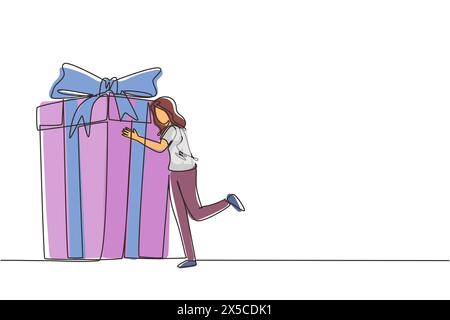 Una sola linea disegnatrice che abbraccia un enorme regalo di compleanno. Giovane donna soddisfatta in piedi vicino a una confezione regalo di compleanno avvolta con fiocco. Regalo, compleanno. Co Illustrazione Vettoriale