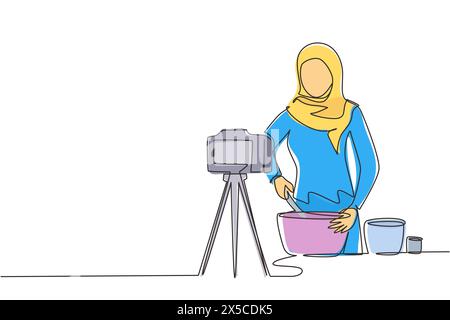 Una linea continua che disegna una donna araba che prepara il dessert in cucina, mescolando l'impasto con la spatola. Cucinare in live streaming. Il blogger prepara i pasti Illustrazione Vettoriale