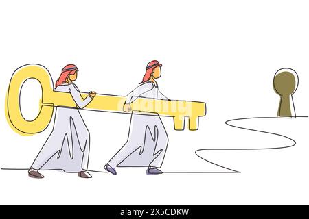 Una linea continua che attira uomini d'affari arabi in piedi davanti alla serratura con la chiave grande. Il team aziendale è fondamentale per il successo. Due uomini che portano un abbraccio Illustrazione Vettoriale