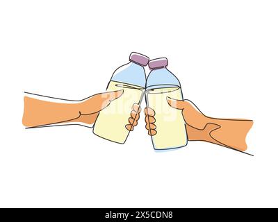 Una sola linea di saluto. Tosta con latte. Due mani. Tosta con latte a due mani. Bottiglia di latte. Uomo e donna si godono un drink insieme. Guarire Illustrazione Vettoriale