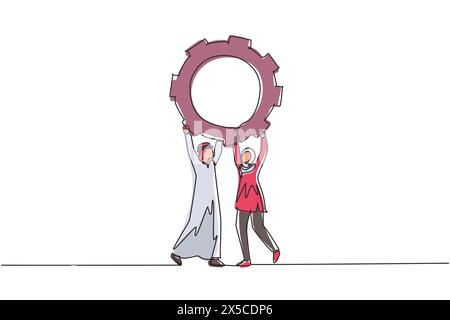 Collaborazione di un singolo disegno su una linea. Uomo arabo donna che solleva gli ingranaggi. Persone che lavorano con gli ingranaggi. Concetto di cooperazione professionale nel processo di lavoro di squadra. c Illustrazione Vettoriale