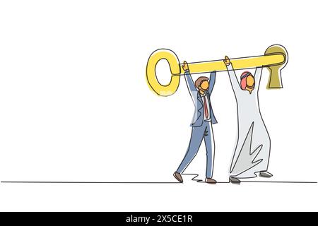 Una linea continua che disegna due figure arabe maschili che indossano abiti tradizionali durante il sollevamento, inserendo un'enorme chiave nel buco della serratura. Il progresso degli affari Illustrazione Vettoriale