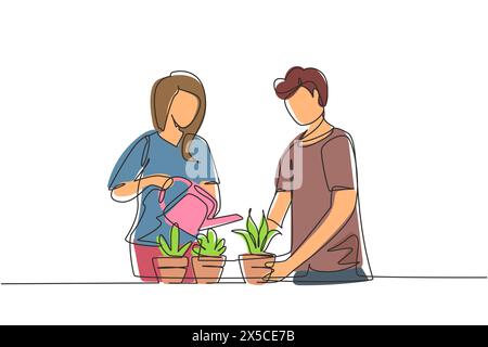 Una linea continua che disegna uomo donna che spruzza e fiori d'acqua su scaffale con annaffiatoio. Una coppia felice si prende cura delle piante domestiche, dei fiori in pentole Illustrazione Vettoriale