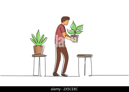 Linea singola continua disegno maschio mettere piante verdi nel giardino della casa serra. Uomo fiorista giardiniere che lavora, coltivando piante di casa floreali in vasi, bota Illustrazione Vettoriale