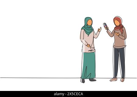 Una sola linea che disegna una donna d'affari araba che fa un'intervista in presenza di giornalista con dictaphone. Una giornalista televisiva di sesso femminile che intervista le domande Illustrazione Vettoriale