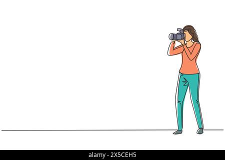 Linea singola continua che disegna una donna professionista felice che scatta foto con la fotocamera dslr. Riprese di personaggi femminili con obiettivo fotocamera Illustrazione Vettoriale