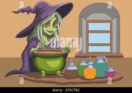 Una strega verde con un vestito viola e un cappello eroga una pozione in un calderone. Illustrazione Vettoriale