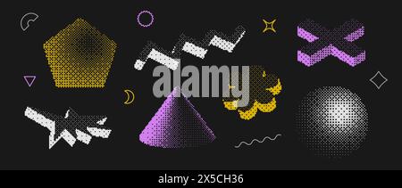 Set di forme con trama bitmap. Retinatura della raccolta di oggetti mezzitoni. pentagono colorato, zigzag, Plus, fiore, cono, elementi sferici per banner, poster, opuscolo. Bundle effetto raster 3d pixelato. Pacchetto vettoriale Illustrazione Vettoriale