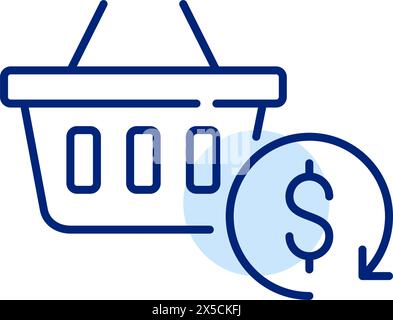 Cartello con la freccia per il rinnovo del carrello e del dollaro. Icona di restituzione dell'ordine o premi per i clienti. Pixel Perfect, traccia modificabile Illustrazione Vettoriale