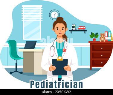 Illustrazione del vettore pediatrico con esamina i bambini malati per lo sviluppo medico, la vaccinazione e il trattamento in Flat Cartoon background Design Illustrazione Vettoriale