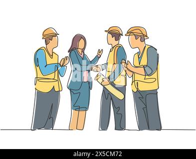 Un disegno di linea di giovane donna di affari e costruttore di architetto che indossa costruzione gilet casco handshake per affrontare progetto. Ottimo concetto di lavoro di squadra. Con Illustrazione Vettoriale