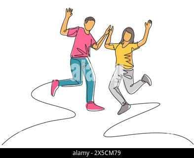 Disegno in linea singola di giovani coppie di studenti felici che saltano per celebrare insieme il loro risultato finale dell'esame. Concetto di educazione alla vita del campus. Con Illustrazione Vettoriale