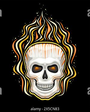 Logo vettoriale per Burning Skull, segno decorativo con illustrazione di teschio diabolico e fiammeggiante con occhi incandescenti, stile cartoon retrò di burni gialli Illustrazione Vettoriale