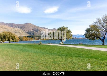 Lungolago in autunno, Wānaka, Otago, Isola del Sud, nuova Zelanda Foto Stock
