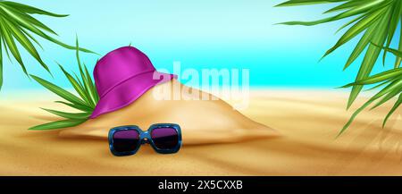 podio di sabbia estiva 3d per la vendita di prodotti banner vettoriali. Concetto di annuncio per vacanze e viaggi con acqua, foglie di palma, cappello e occhiali da sole. Mockup promozione weekend caldo su isola tropicale Illustrazione Vettoriale