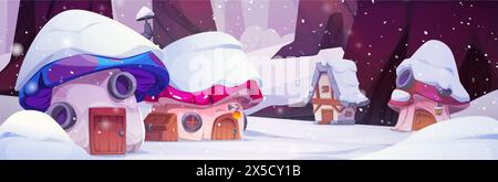 Magico villaggio di gnomi con neve nella foresta invernale. Graziosa casa di funghi fiabeschi per lo sfondo del panorama degli elfi. L'esterno di un piccolo paese nano rurale è immerso in un prato boschivo per un design da favola. Illustrazione Vettoriale