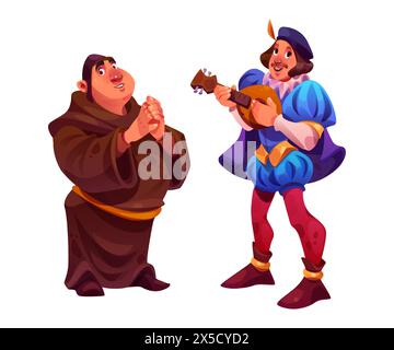 Persone medievali in un set di personaggi dei cartoni animati di abbigliamento tradizionale. Illustrazione vettoriale di sacerdote grasso in abito lungo marrone e musicista in abito blu con mandolino. Antico uomo fiabesco di mezza età. Illustrazione Vettoriale